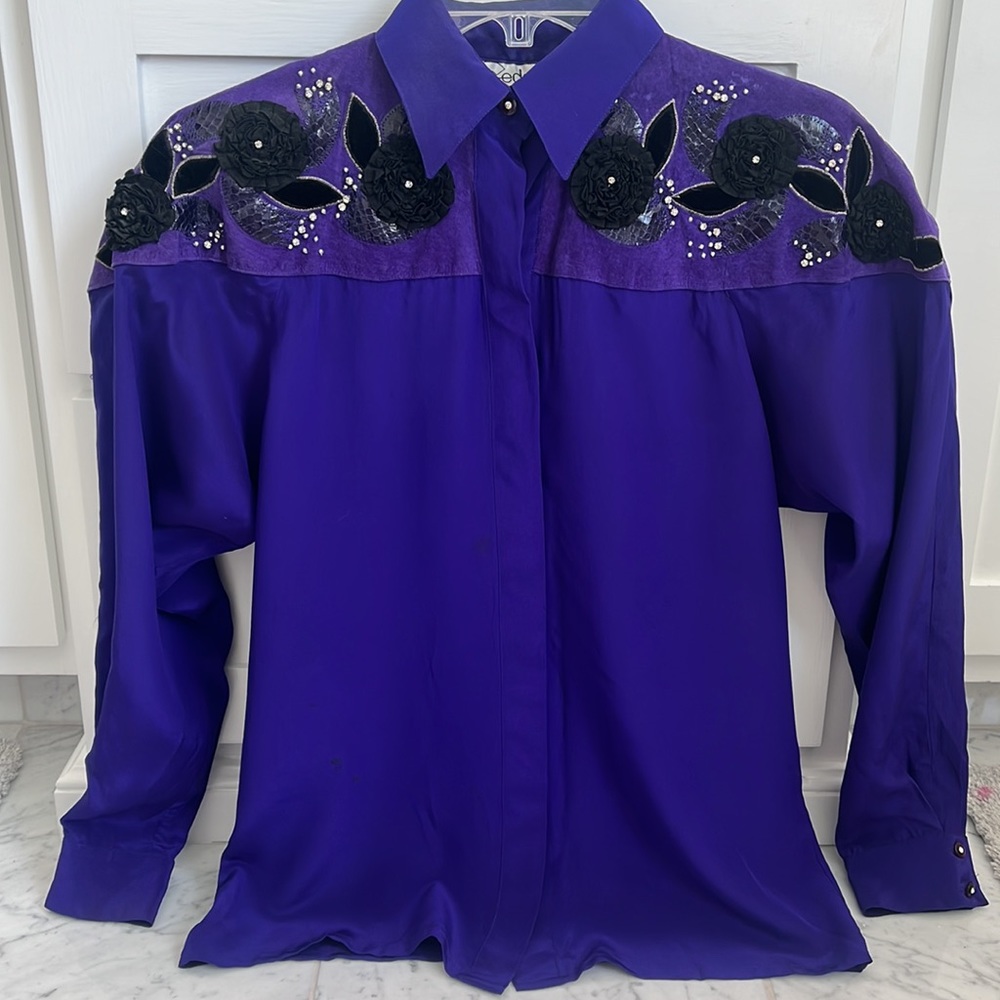 Purple 100% silk Cedars button down blouse with Dillon sleeves.